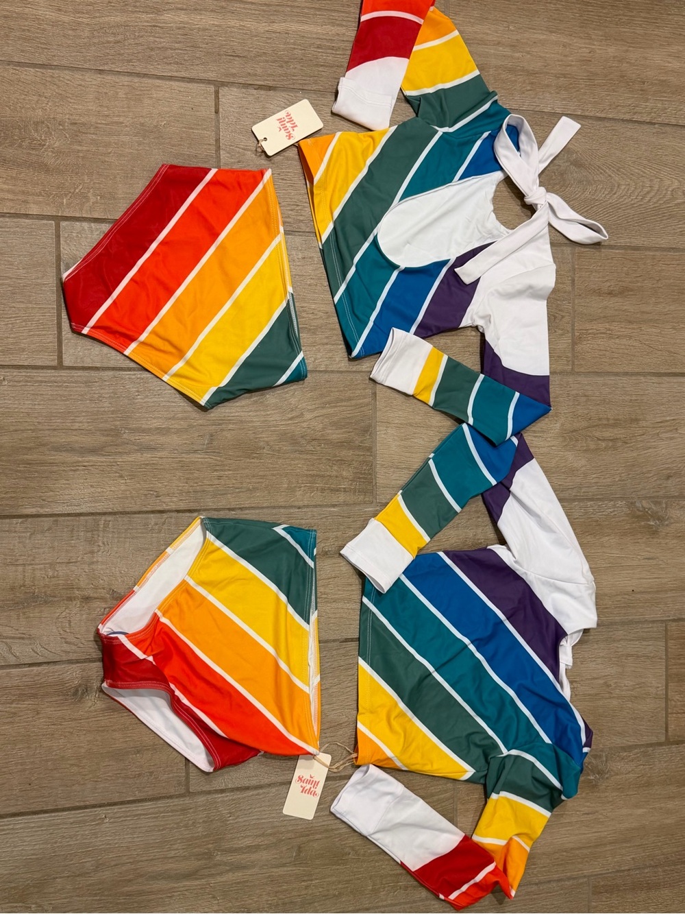 Kids Rainbow Stripe Long-Sleeve Bikini Set - White & Multicolor